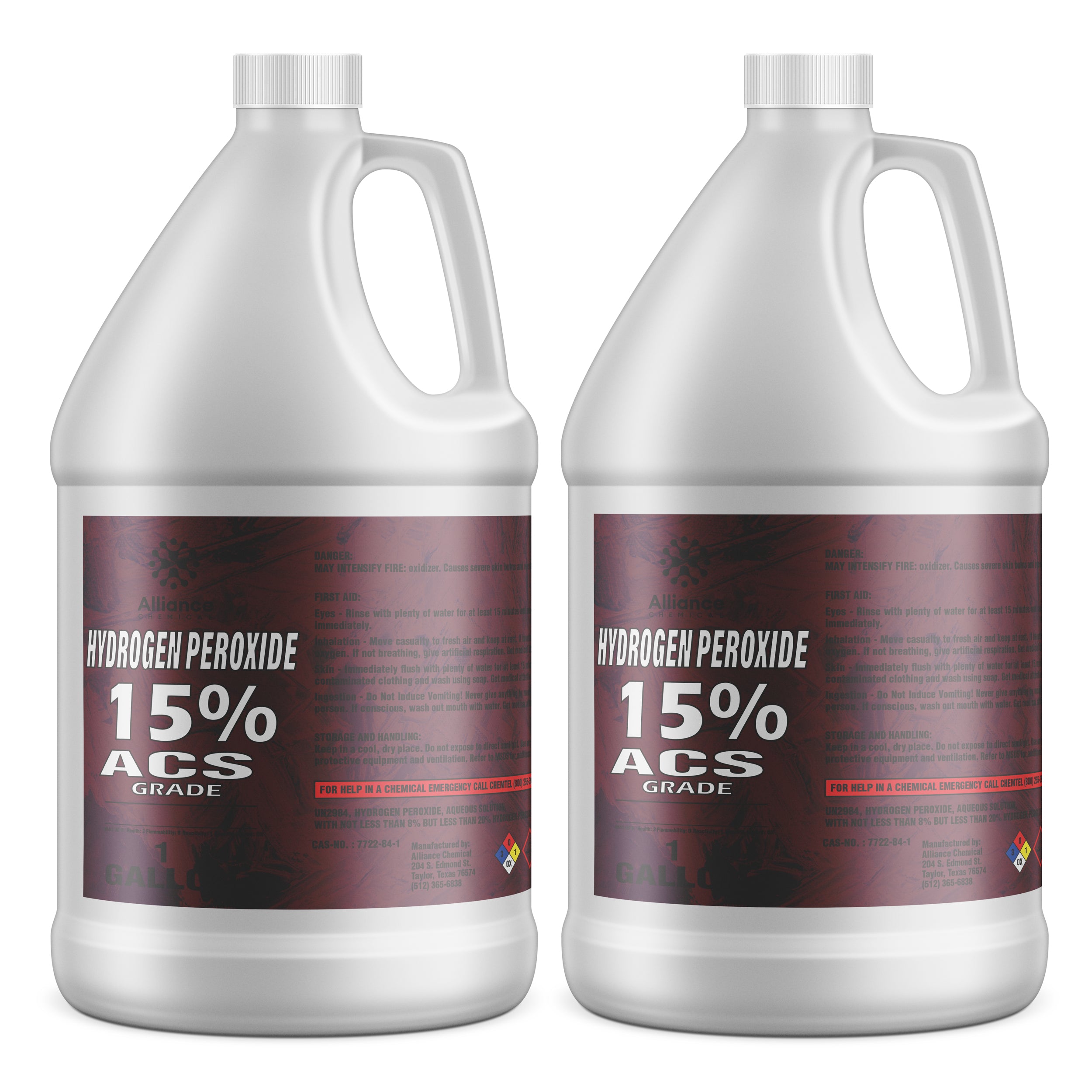 Two 1-gallon HDPE jugs of 15% ACS-grade Hydrogen Peroxide with burgundy labels, NFPA diamond warning symbols, and first-aid instructions.